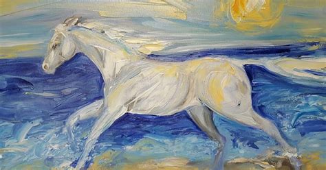 Abstract Horse Art: White Horse on beach, Abstract Oil Painting