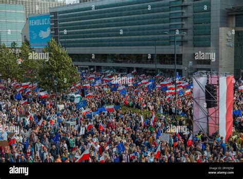 Warszawa, Poland - 1.10.2023: Crowd of people with Polish flags at a ...