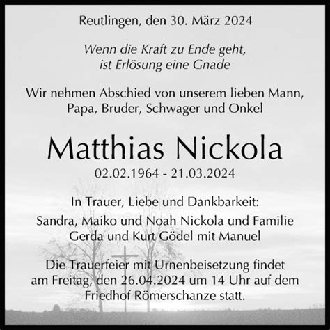 Traueranzeigen Von Matthias Nickola Trauer Gea De