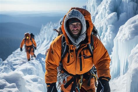 Premium Photo Ice Climbing On A Frozen Waterfall