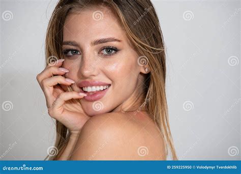 Beautiful Smiling Woman With Naked Shoulder On White Sensual Beauty