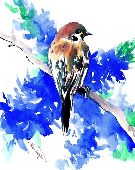 Sparrow And Blue Flowers Watercolor Painting | Etsy | Watercolor ...