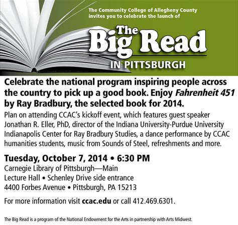 CCAC INVITES YOU TO CELEBRATE THE LAUNCH OF THE BIG READ IN PITTSBURGH