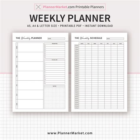 Weekly Planner, Weekly Schedule, A5, A4, Letter Size, Printable Planner ...