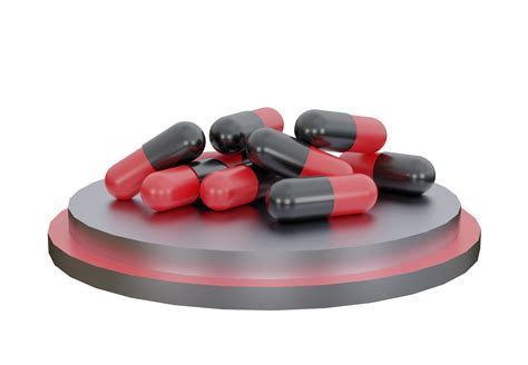 Black And Red Medicine Pills Pill Tablet Capsule On Metallic Podium