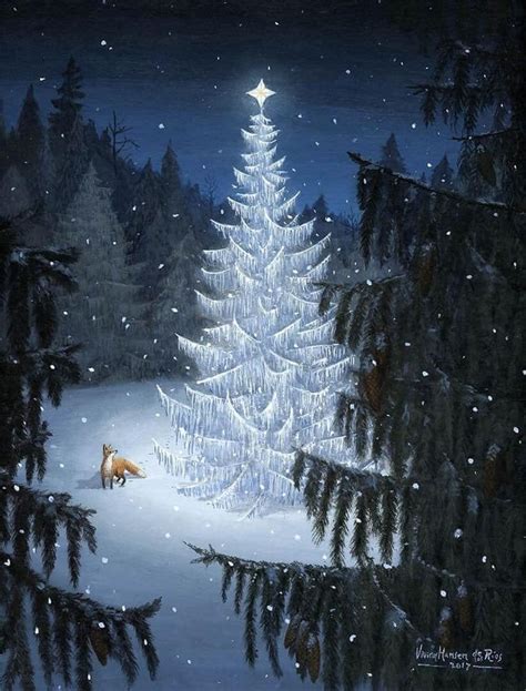 A Painting Of A White Christmas Tree In The Snow