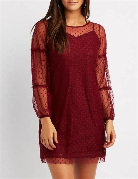 Charlotte Russe Swiss Dot Ruffle Trim Shift Dress Long Sleeve Lace