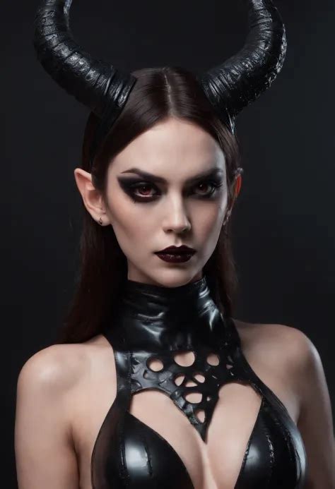 Demon Woman With Horns Dressed In Latex Lingerie Posing For A Photo In