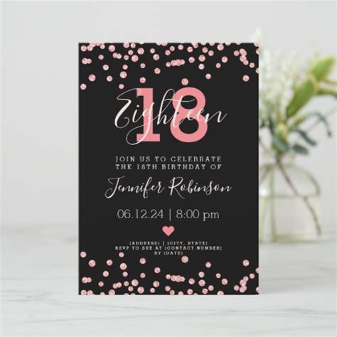 18th Birthday Party Rose Gold Glam Glitter Black Invitation Zazzle