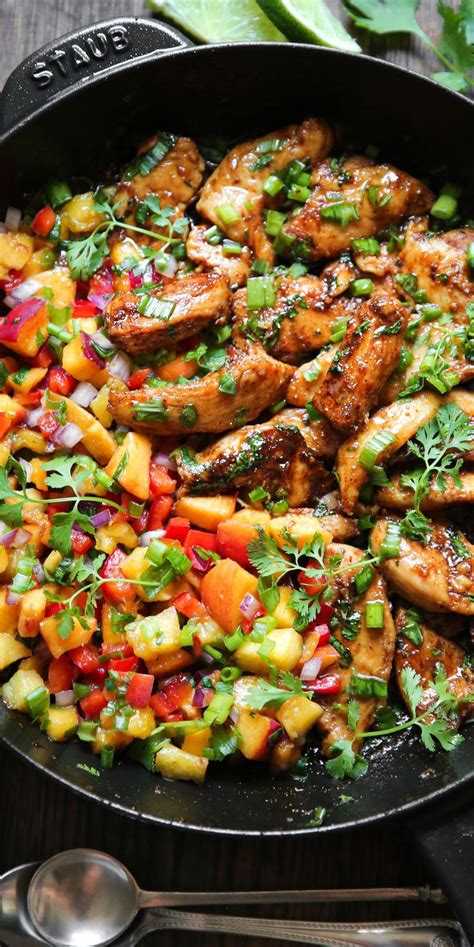 30 Minute Cilantro Lime Chicken With Peach Salsa Peach Recipes Dinner Chicken Breast Salad