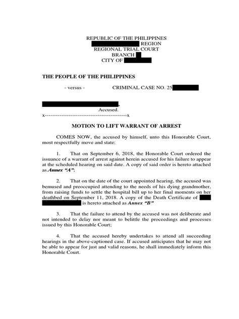 Motion To Lift Warrant Of Arrest Sample Pdf