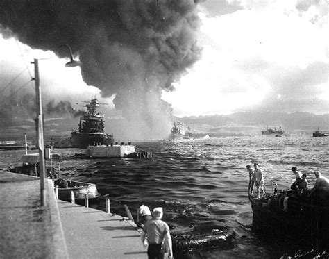 Looking Down Battleship Row In The Aftermath Of The Pearl Harbor Attack 7 December 1941 Smoke