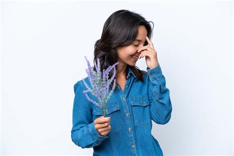 Premium Photo Young Hispanic Woman Holding Lavender Isolated On White