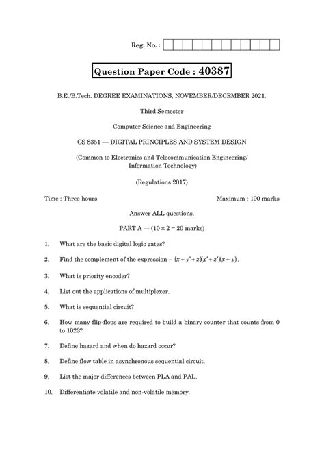 Cs University Question Paper Reg No B E B Degree