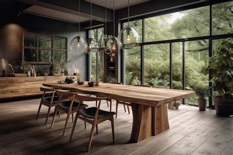 Premium AI Image A Dining Room With A Large Wooden Table And Chairs