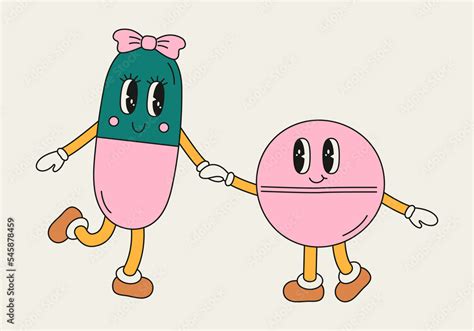 Funny Couple Of Pills In Cartoon Groovy Style Cute Medicament