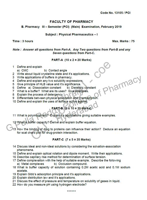 Osmania University B Pharmacy Iii Semester Pci Main Subject