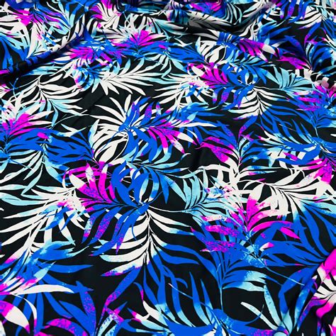 Long Blue Leaves Print Nylon Lycra Spandex Fabric Way Stretch For