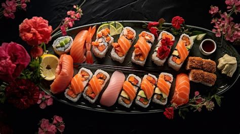 Premium Ai Image Photo A Plate Of Sushi And Sushi With Flowers And