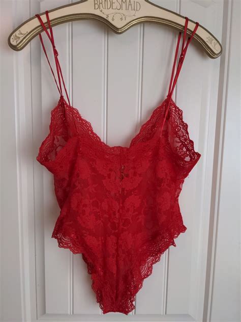 Vtg Victorias Secret Teddy Sheer Red Sexy Lace Romper Bodysuit Hi Leg