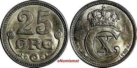 Denmark Christian X Silver 1920 VBP GJ 25 Ore 1st DATE Ch UNC KM 815 2a