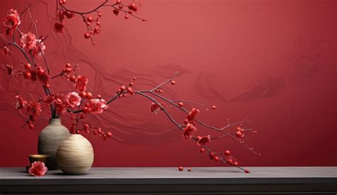 Premium Photo | Red background with flowers and Chinese elements