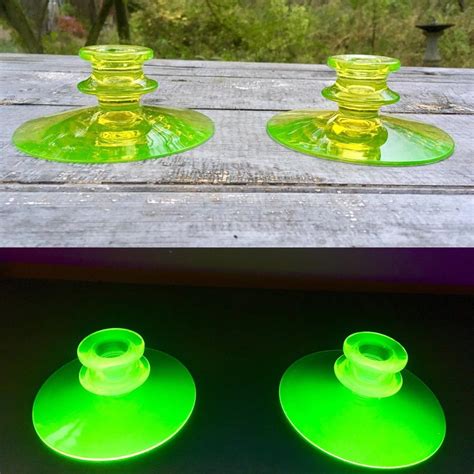 Pair Of Vintage Vaseline Glass Uranium Candlesticks Candle Holders ~glowing 1956831495