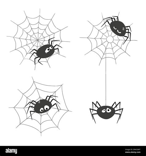 Set Of Cute Cartoon Spiders And Spiderwebs Isolated On White Background