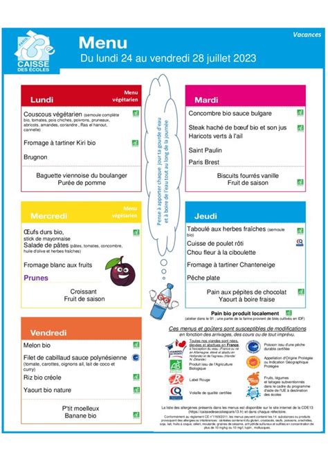 Menu De La Semaine Du Au Juillet Caisse Des Coles Paris Me
