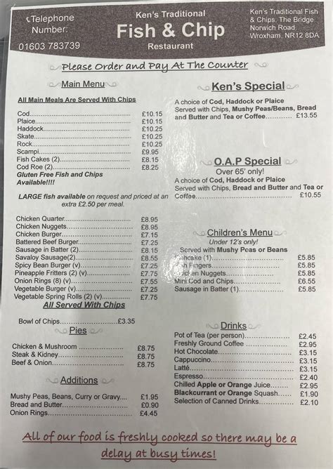 Menu at Kens Traditional Fish & Chips restaurant, Norwich