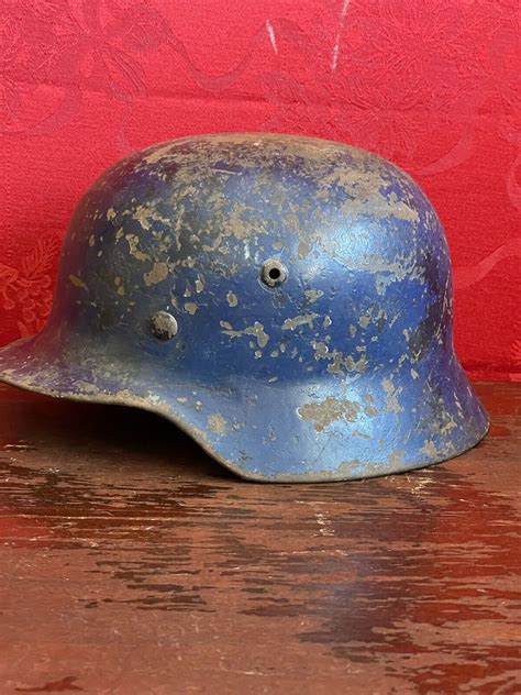 Rare Blue M35 Helmet WWII Pre 1943 German Stahlhelm Steel WW2 Stamped