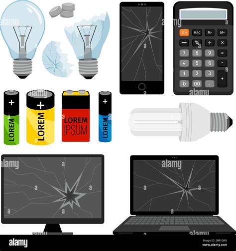 E Waste Icons Collection With Notebook Batteries And Light Bulb