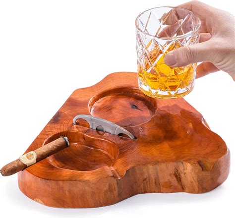 Wooden Cigar Ashtrays For Cigar Lovers With Whiskey Glass Tray And Cigar Cutter Holder Irregular