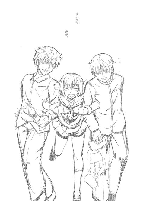 Safebooru 1girl 2boys Blush Closed Eyes Copyright Request Eromettsu Monochrome Multiple Boys