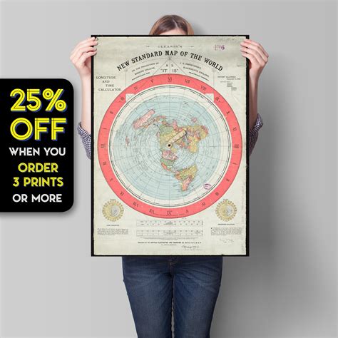 Flat Earth Map Gleasons New Standard Map Of The World 1892 Etsy Canada