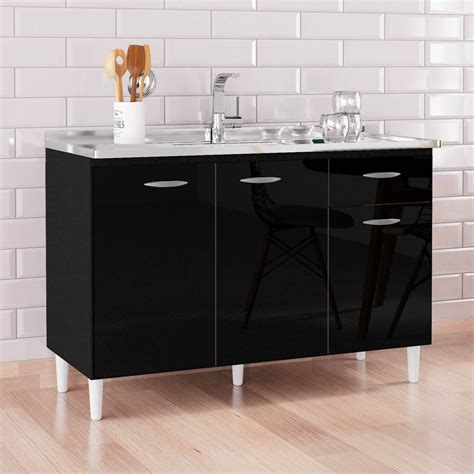 Balcão de Cozinha Pia Inox 120cm 3 Portas Classic P11 Preto