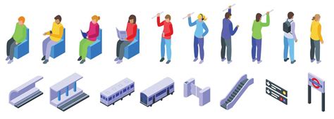 People Inside Subway Icons Set Isometric Vector Transport Metro