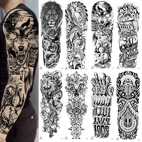 Full Arm Temporary Tattoo Wolf Lion Fish Horns Geometric Man Body Leg