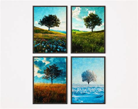 A Lone Tree the Four Seasons Set of 4 Watercolour Paintings, Home Decor ...