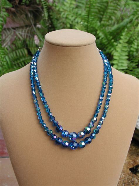 Blue Crystal Necklace Blue Double Layer Sparkling Blue Etsy Blue