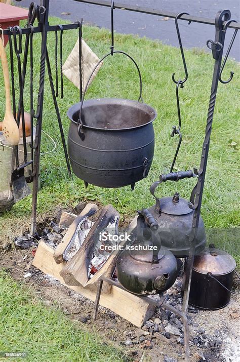 Vintage Cast Iron Pot Hanging Over Campfire Stock Photo Download