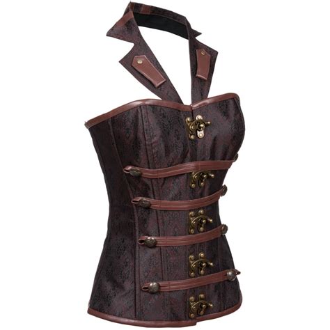 2084 Sexy Halter Neck Overbust Brown Corset Tops Gothic Clothing