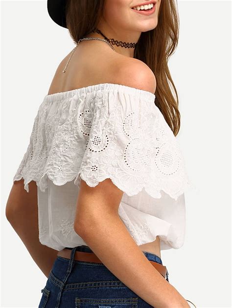 Off The Shoulder Embroidery Ruffled Blouse Shein Sheinside