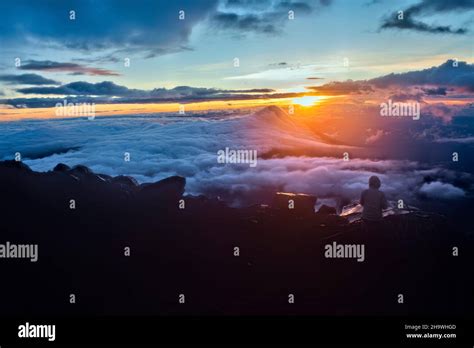 Climber at sunrise on Acatenango Volcano, Antigua, Guatemala Stock ...