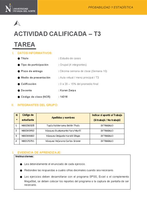 T3 Estadística ACTIVIDAD CALIFICADA T TAREA I DATOS INFORMATIVOS