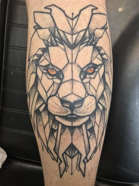 Geometric Lion Tattoo On My Calf Leg Mens Lion Tattoo Leg Tattoo Men