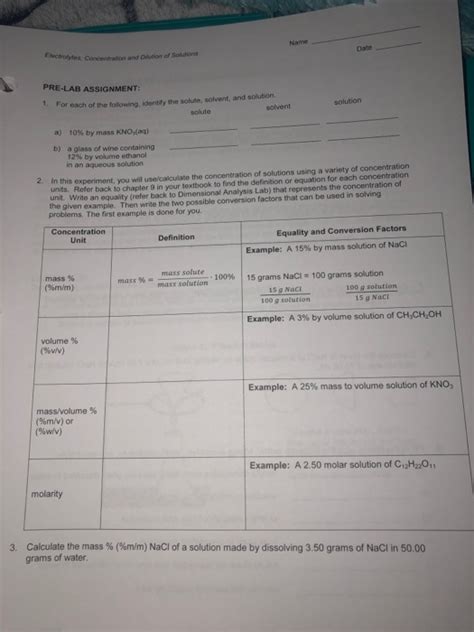 Solved Date Concentration And Dilution Of Solutions PRE LAB Chegg