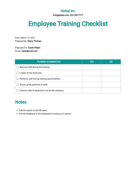 Free Training Checklist Template