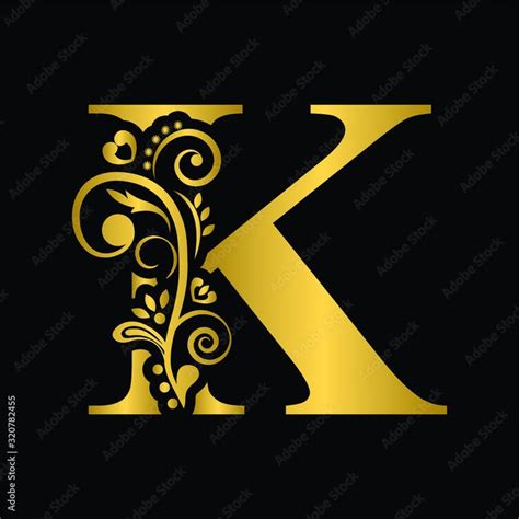 Gold Letter K Vintage Golden Flower Ornament Initial Letters Alphabet