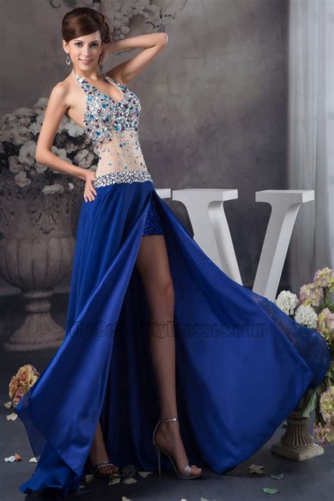 Sexy Halter See Through Royal Blue Evening Dress Prom Gown